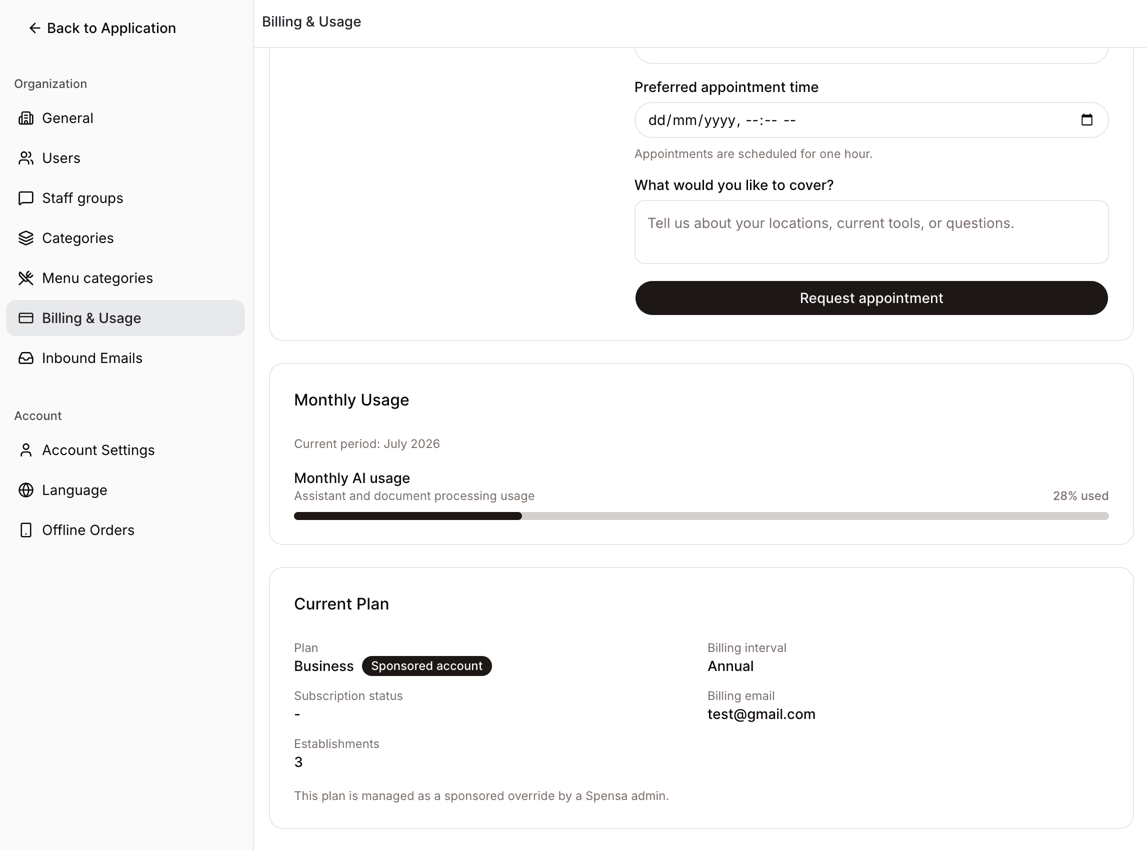 Billing and Usage settings page showing monthly usage, current plan, establishments, billing interval, and billing email