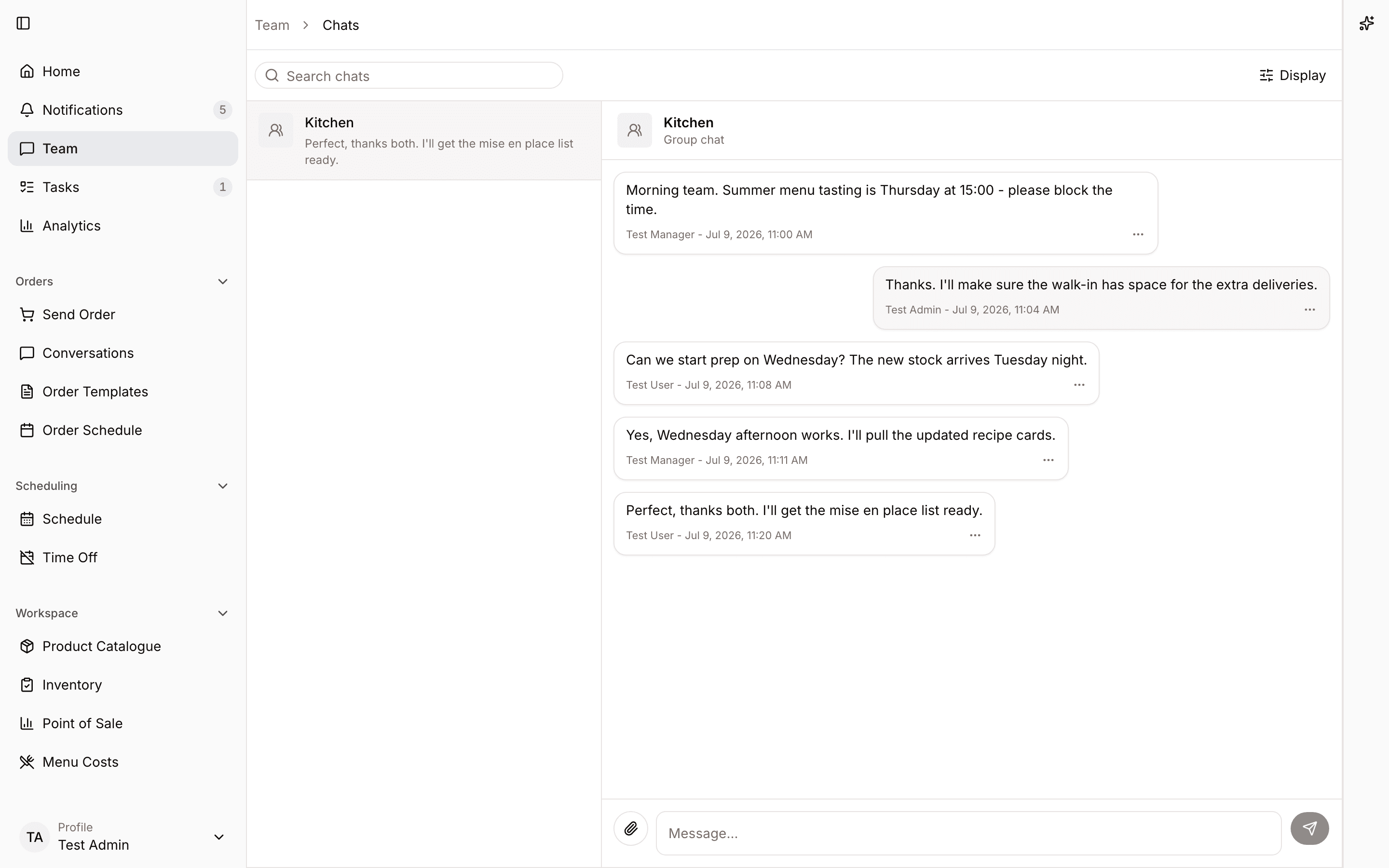 Staff chat conversation for daily team coordination