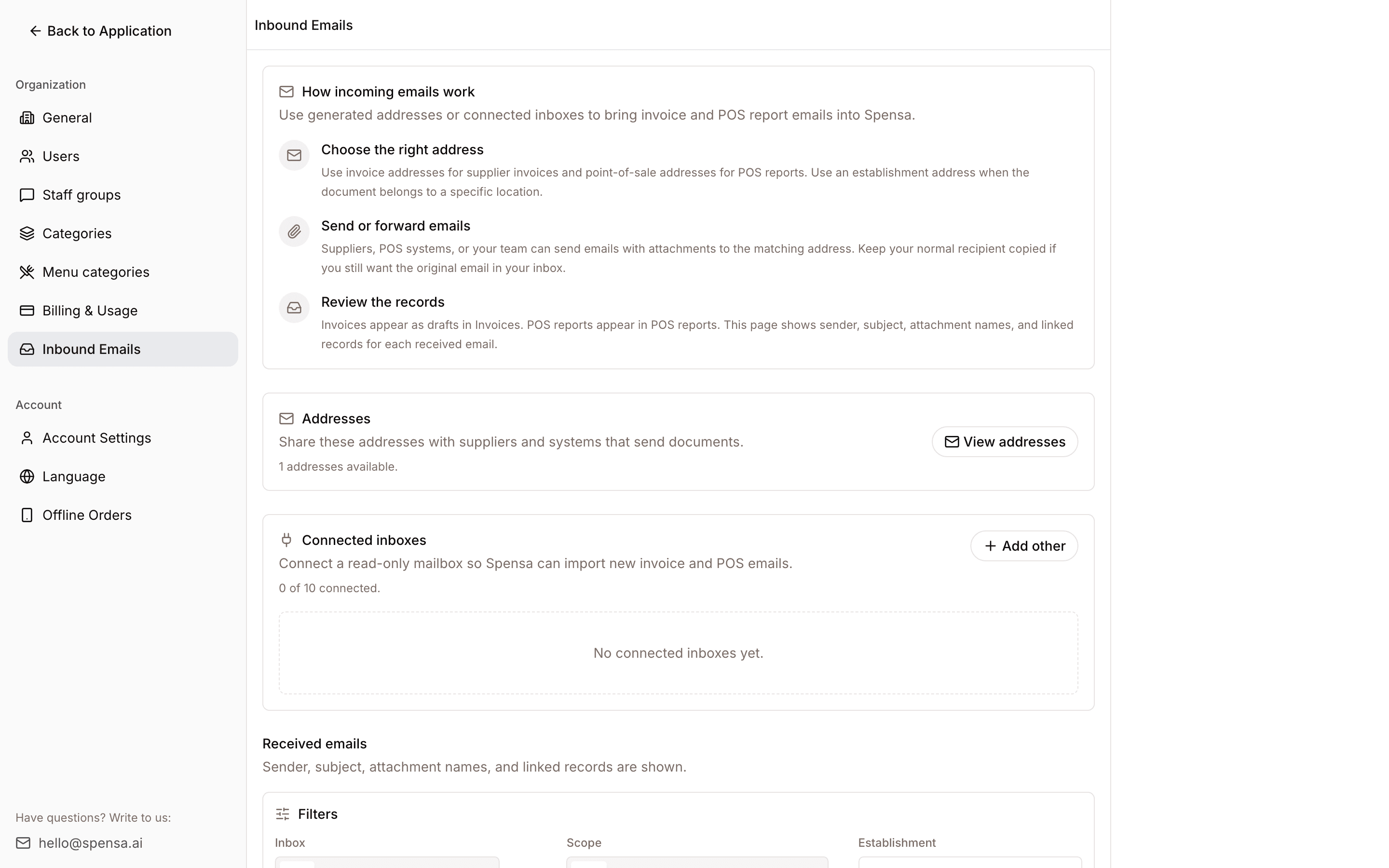 Inbound invoice email settings page