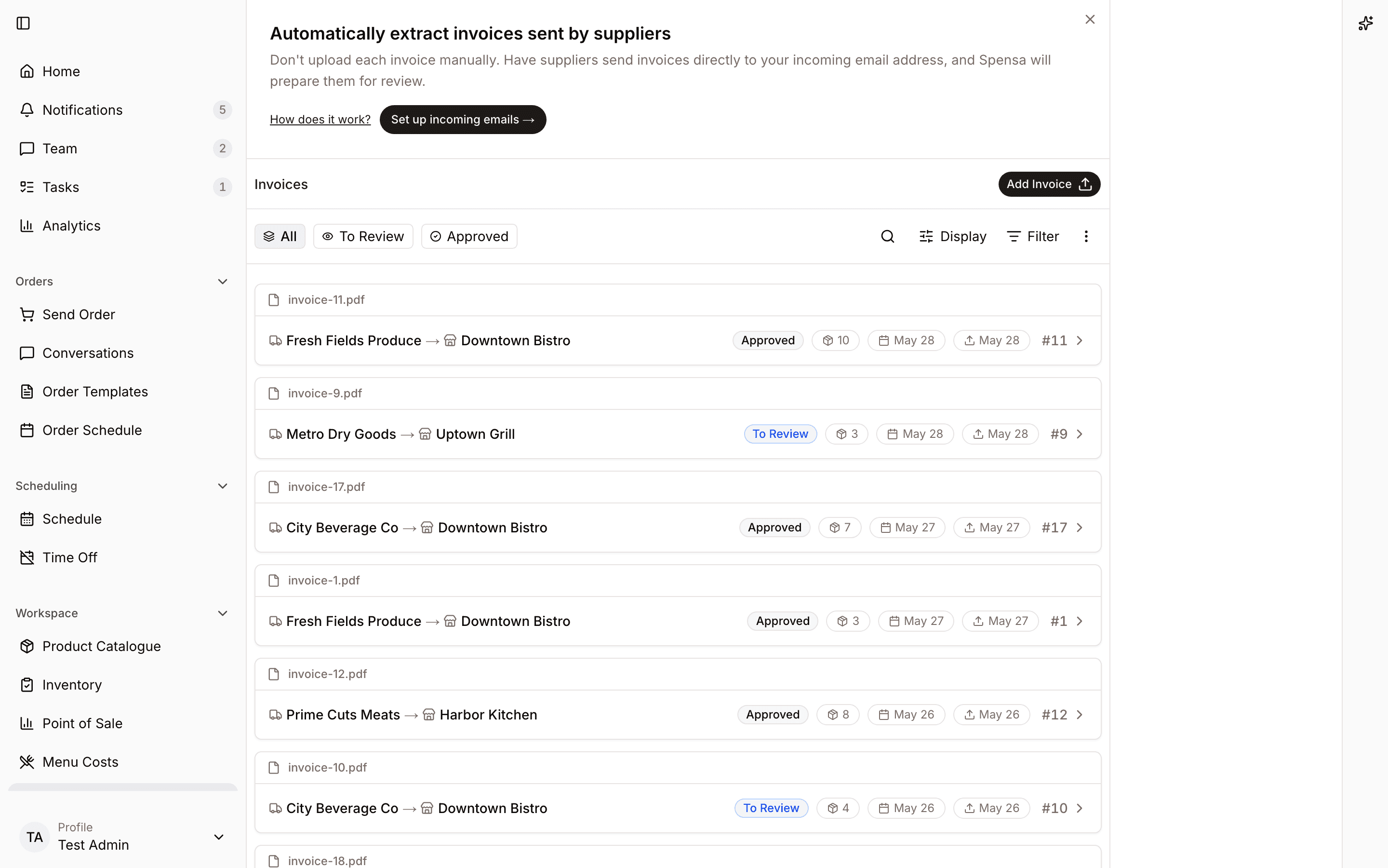Invoices list with uploads, review status, filters, and invoice cards