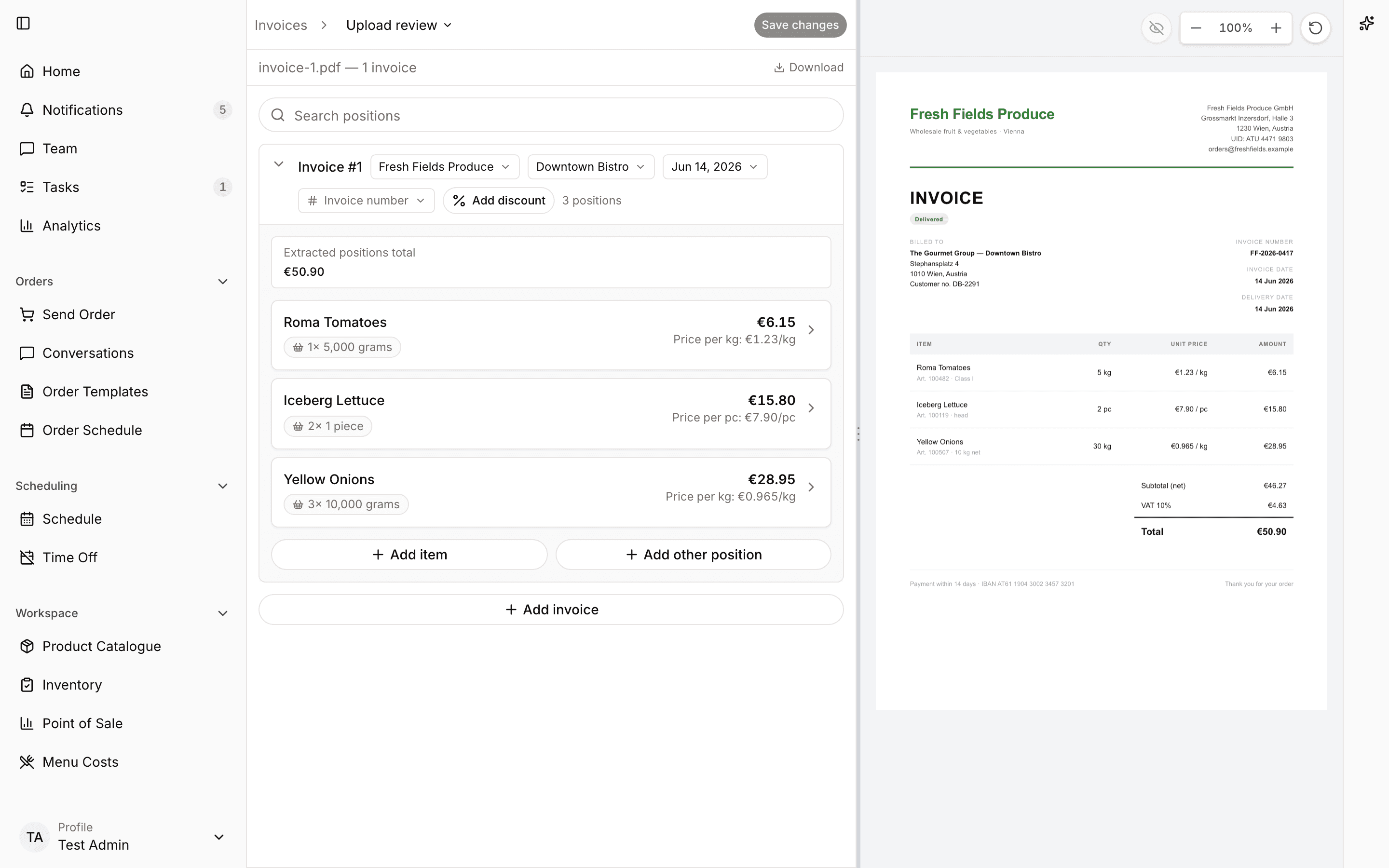 Invoice review split view with document and extracted line items