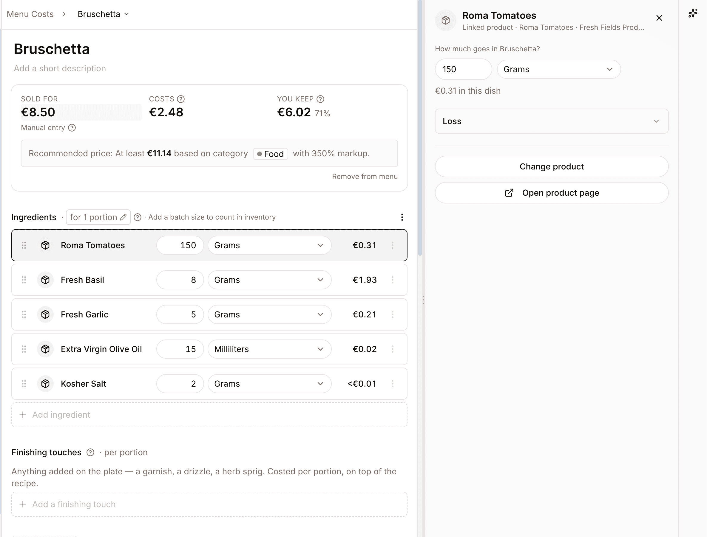 Menu cost ingredient list with quantity and unit selectors, line costs, and a linked product side panel