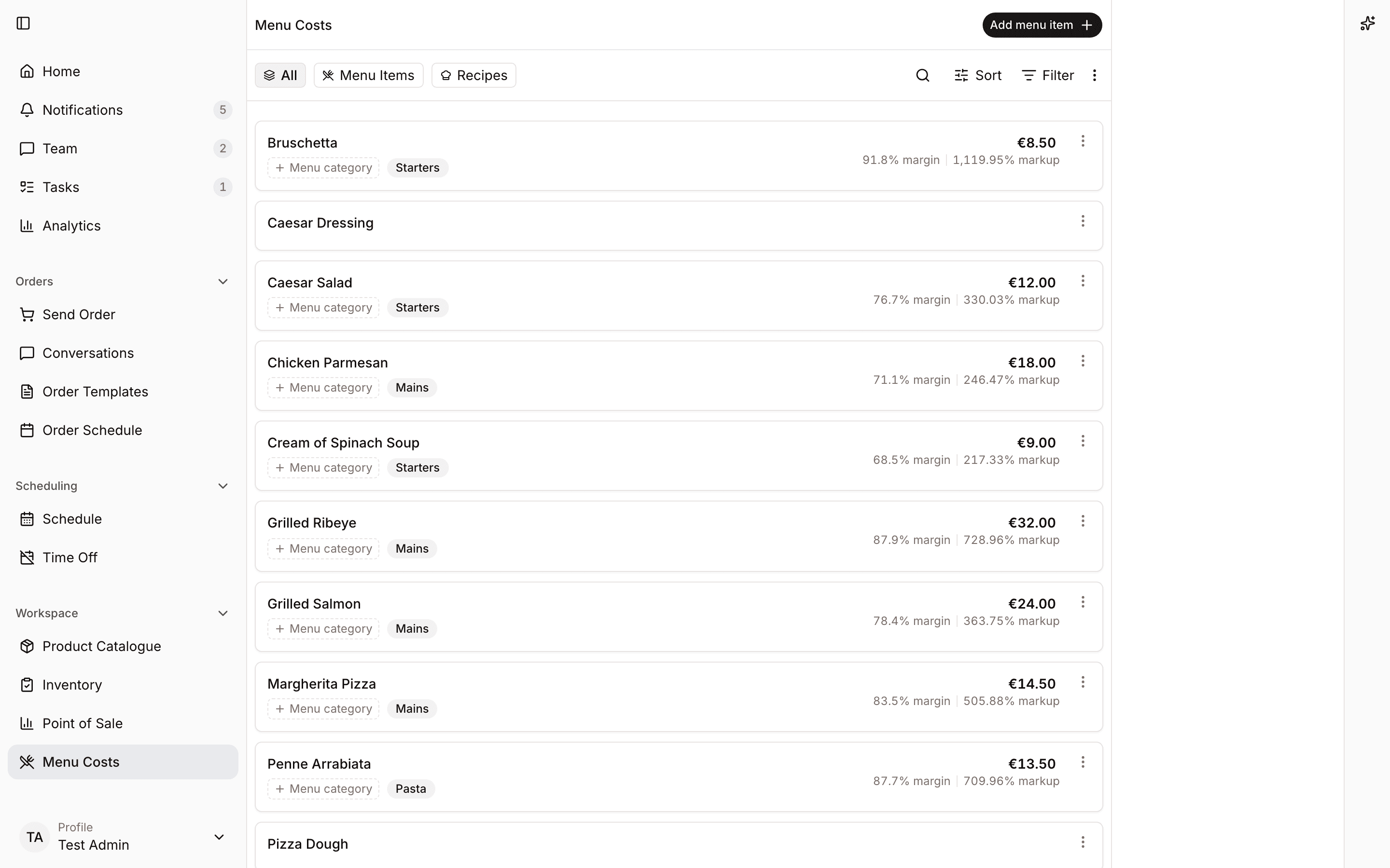 Menu list with dish cost and margin columns