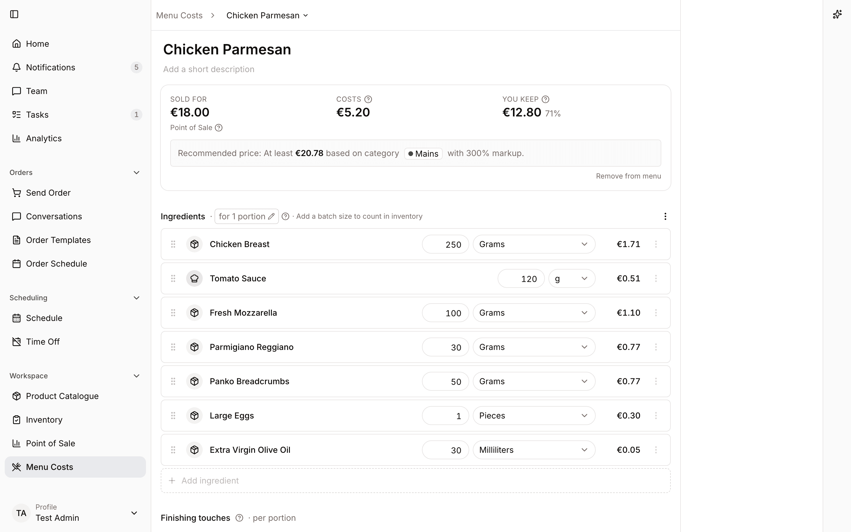 Menu item detail showing recipe costs and margin breakdown