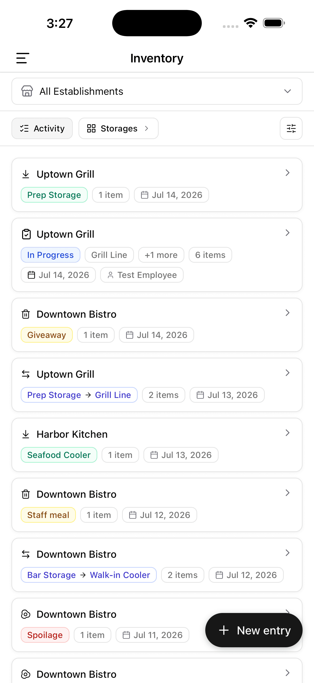 Spensa mobile Inventory screen with activity and storage tabs, count entries, filters, and a new entry action