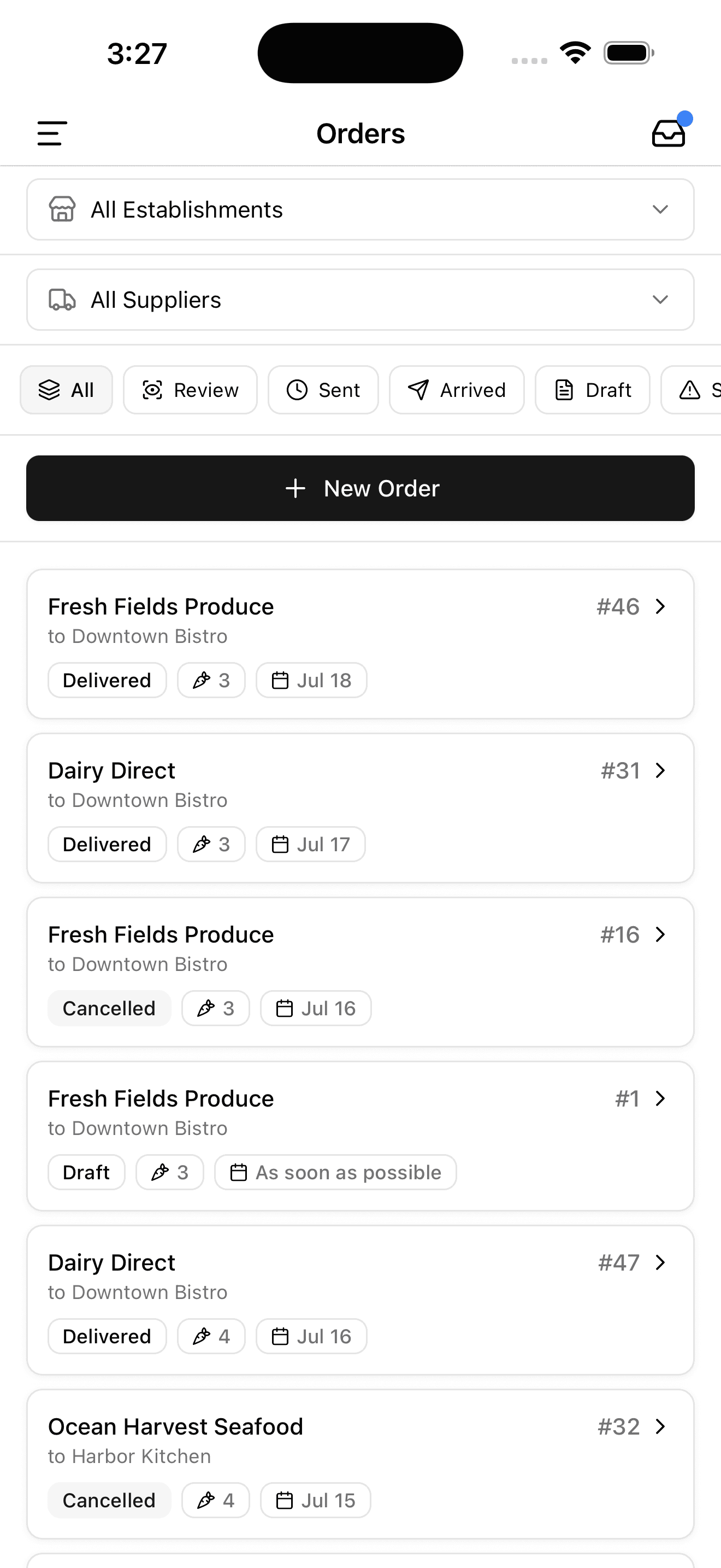 Spensa mobile Orders screen with establishment and supplier filters, order status chips, a new order action, and recent order cards