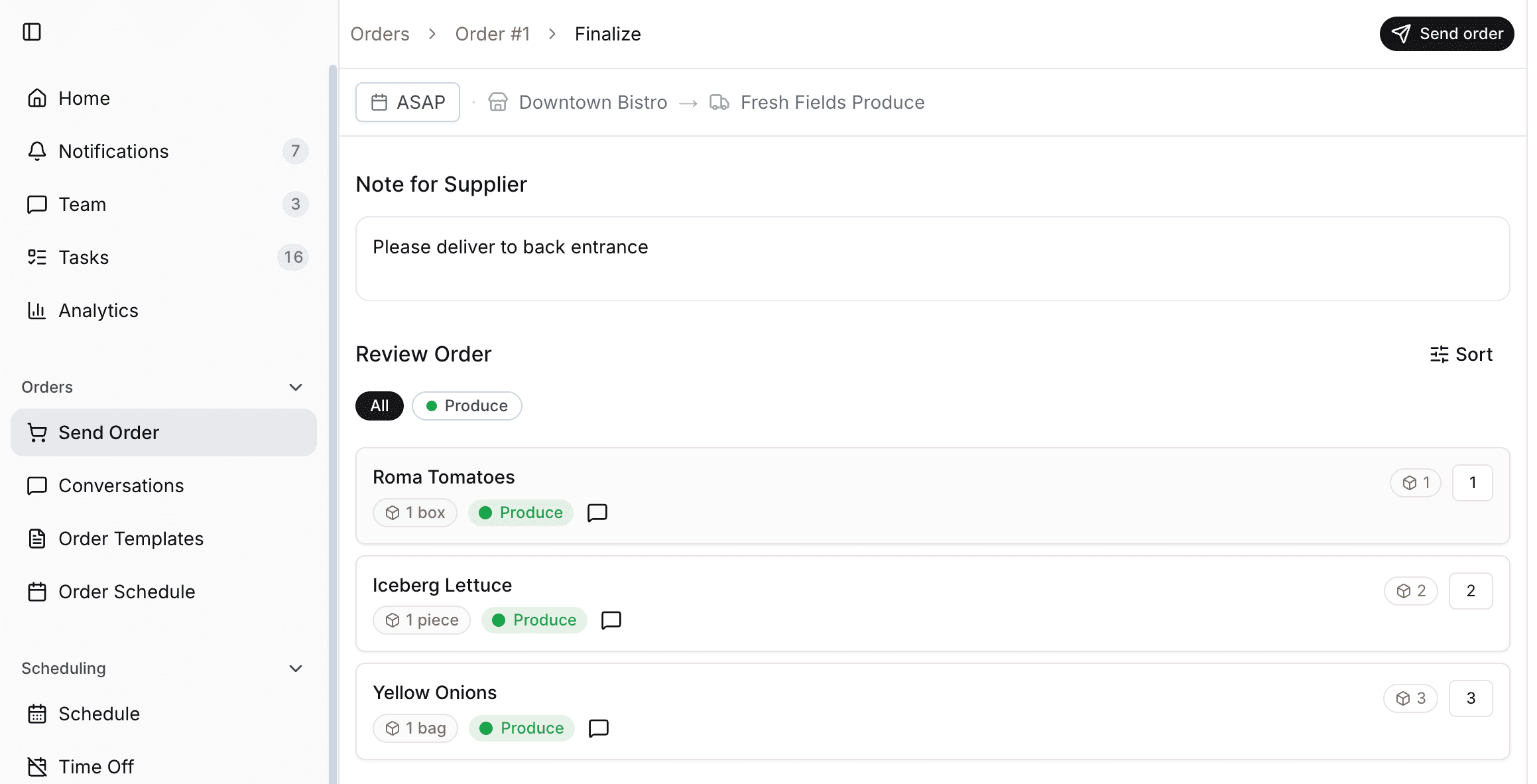 Order finalize screen with supplier note, delivery timing, review item list, quantities, and send order action