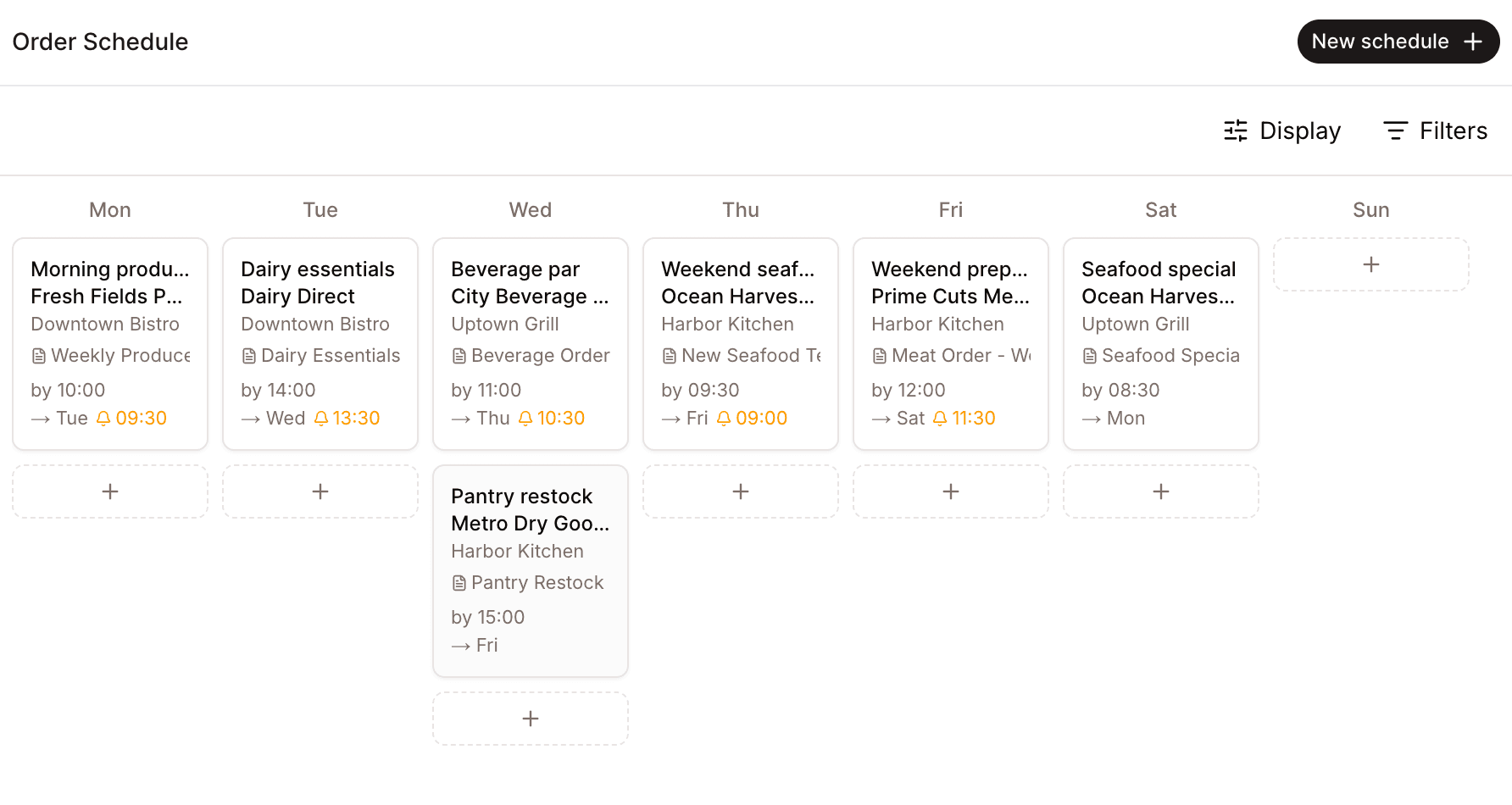 Order Schedule calendar view with recurring supplier orders, delivery days, templates, and reminder times