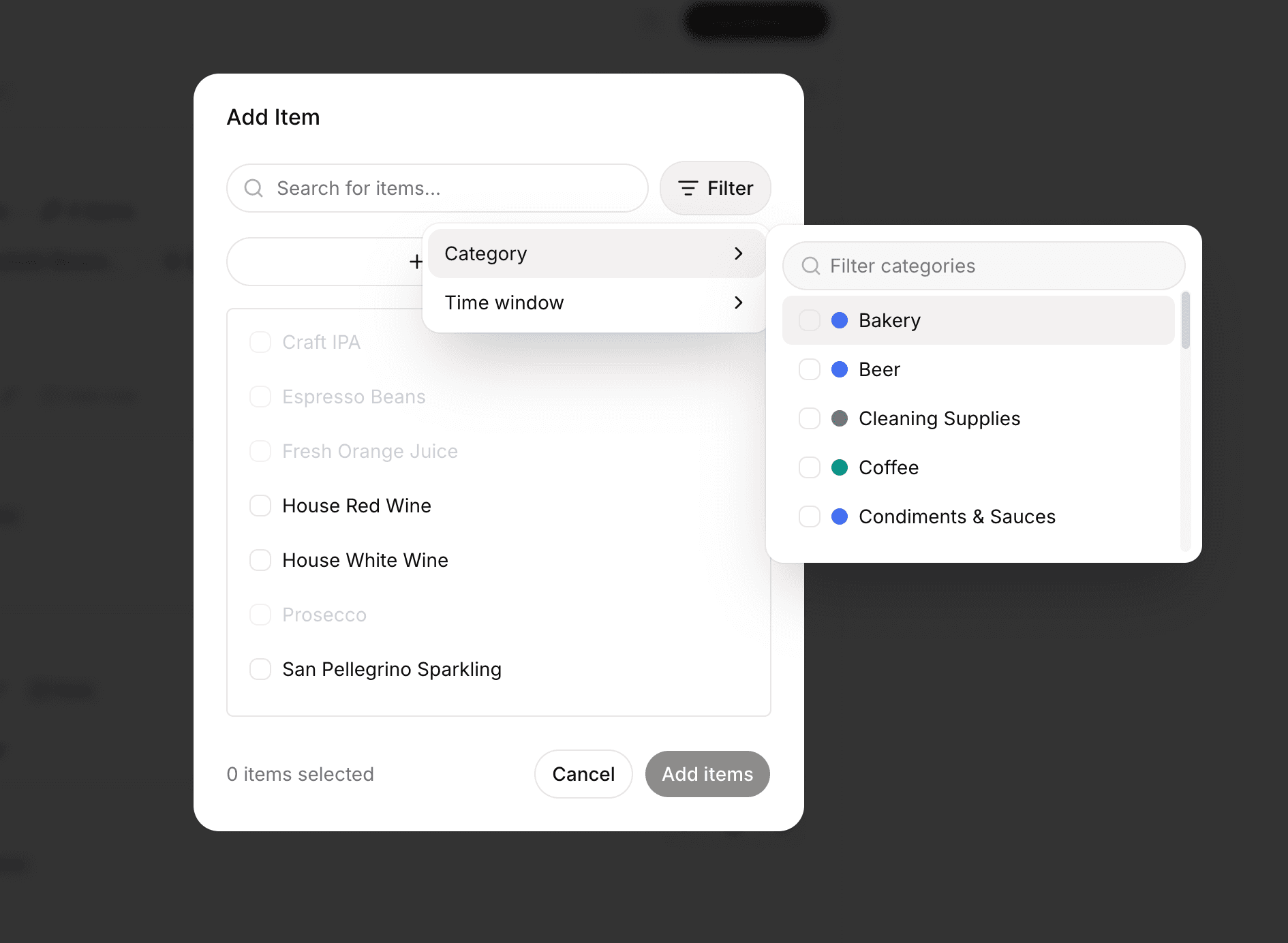 Add Item dialog for an order template with search, category filter, selectable products, and Add items action