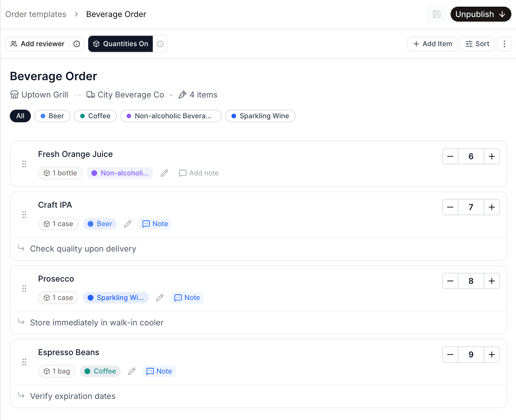 Order template detail page with reviewer control, quantities enabled, item rows, item notes, and publish action