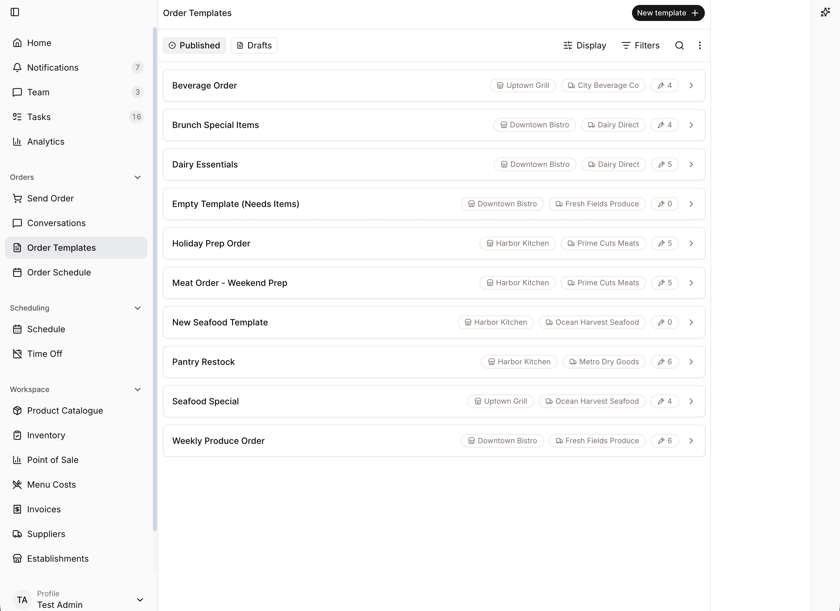 Order templates list with published templates, draft templates, filters, and supplier details