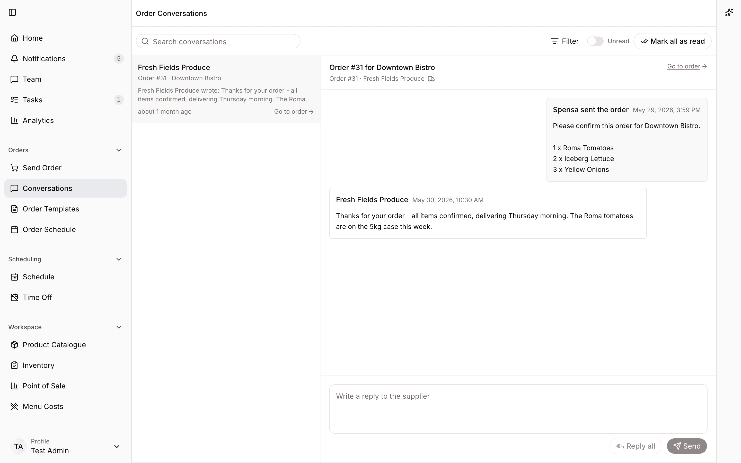 Supplier order conversation with email reply history