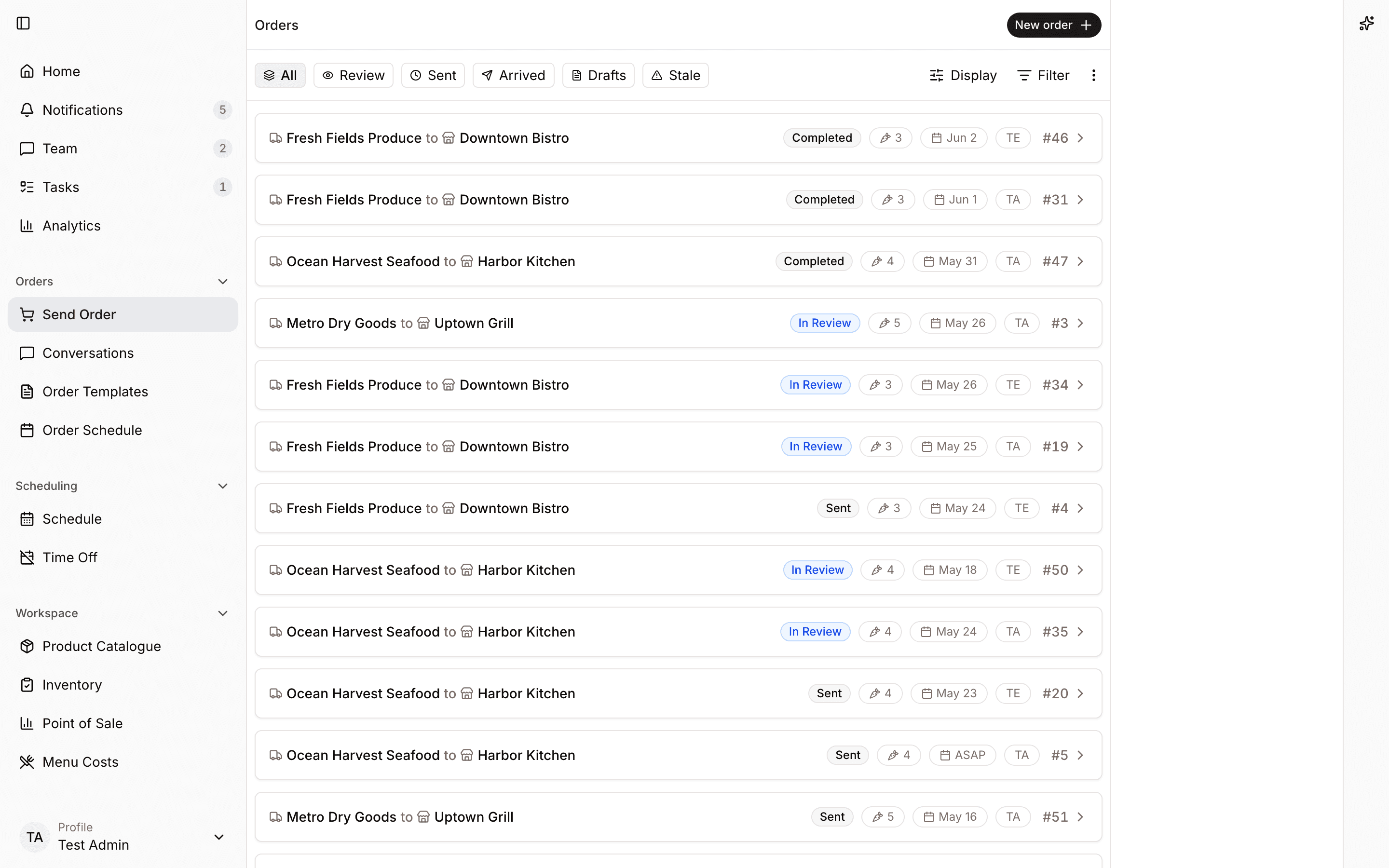 Order list with supplier status, totals, and reviewer details