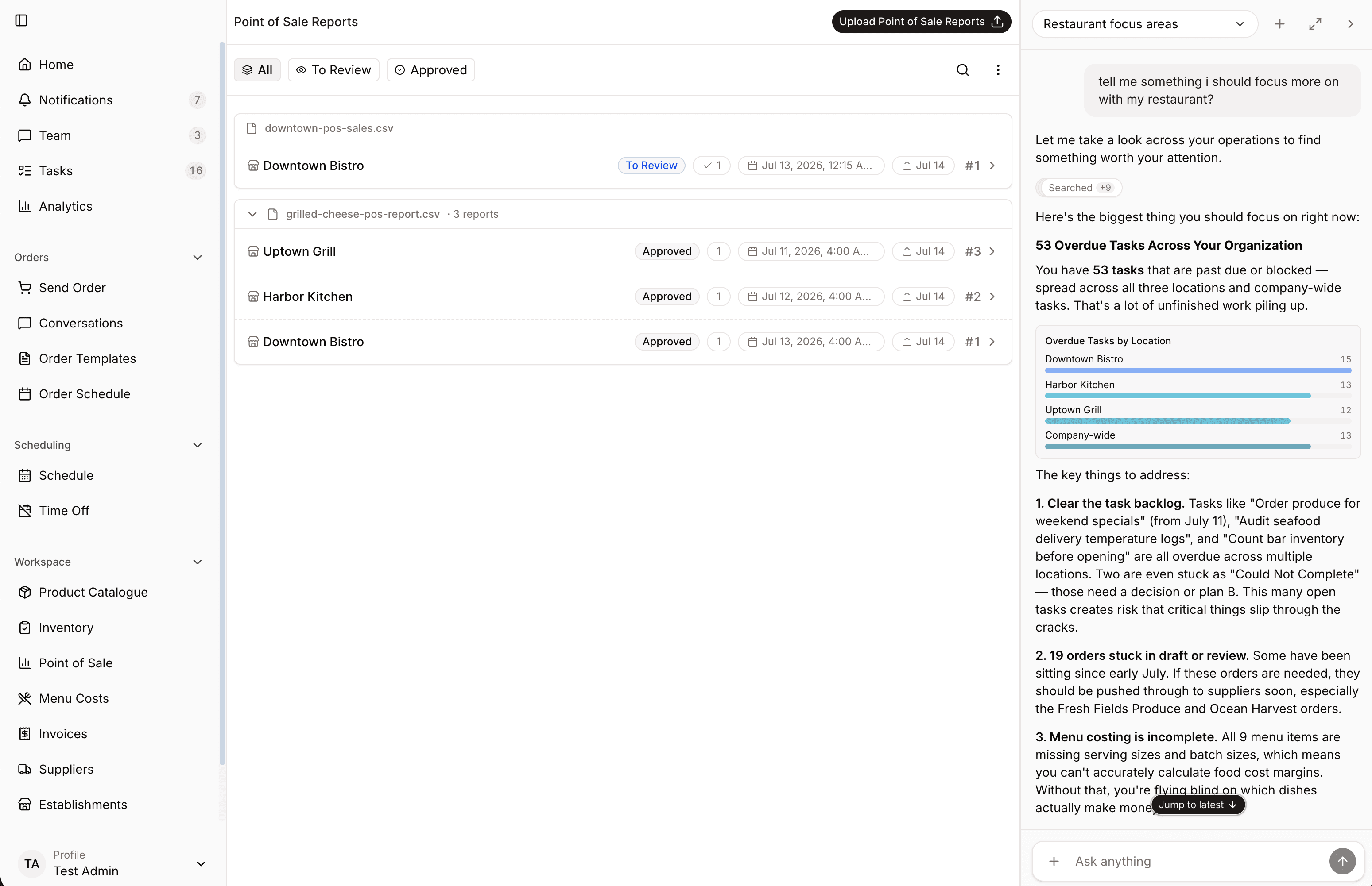 Point of Sale upload review with approved reports, establishments, periods, and sold items