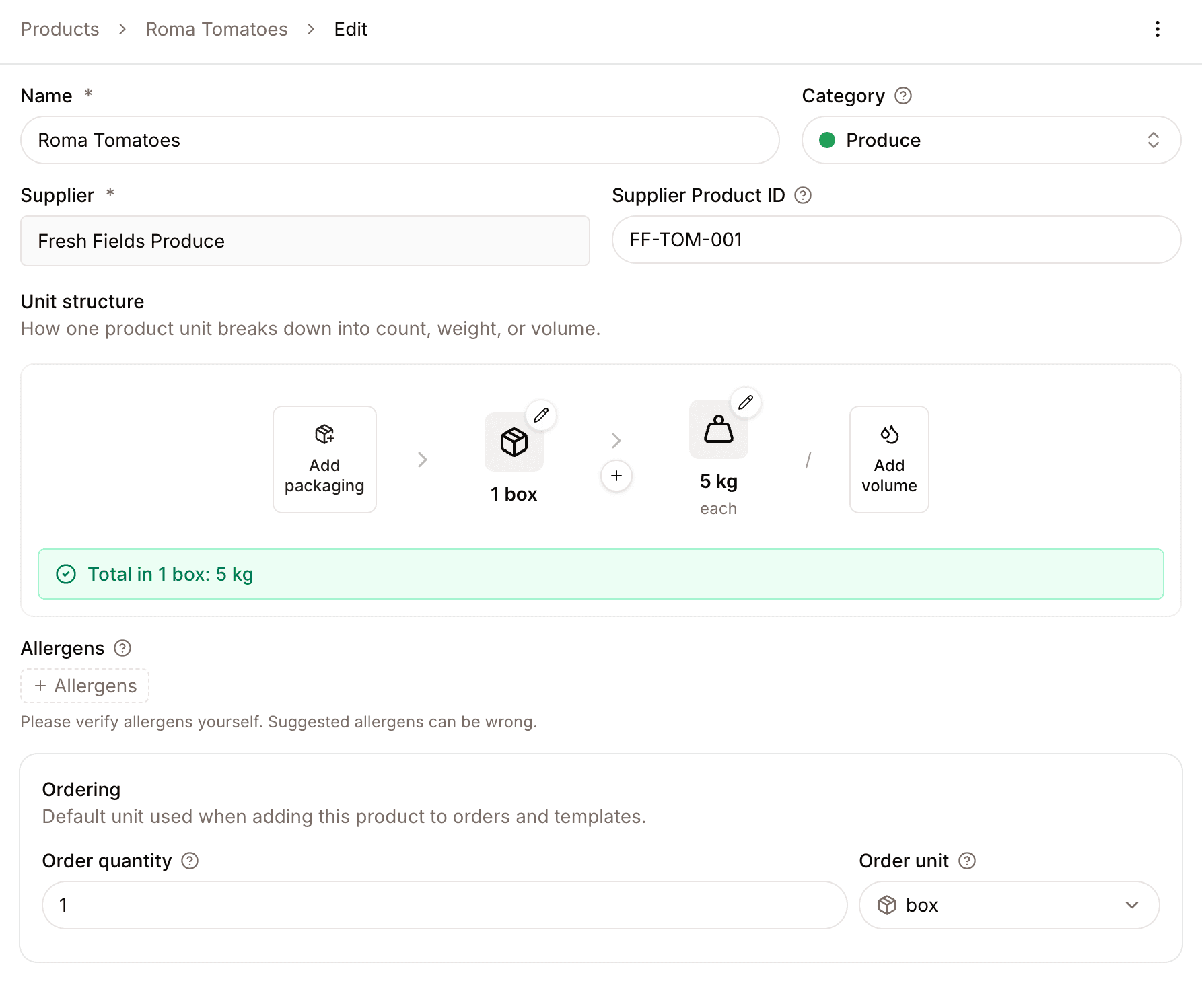 Product edit form with product name, category, supplier, unit structure, allergens, and ordering defaults