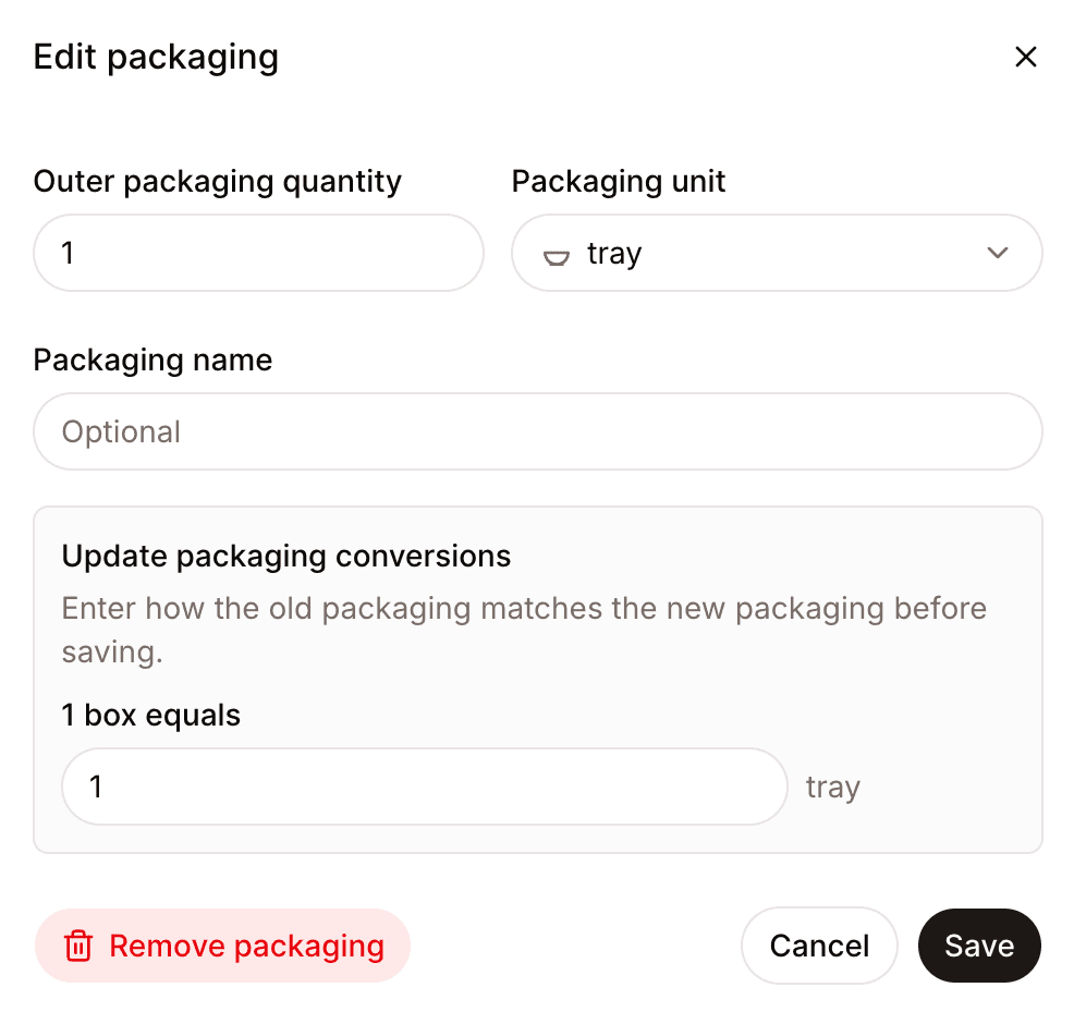 Edit packaging dialog showing update packaging conversions for changing one box into one tray