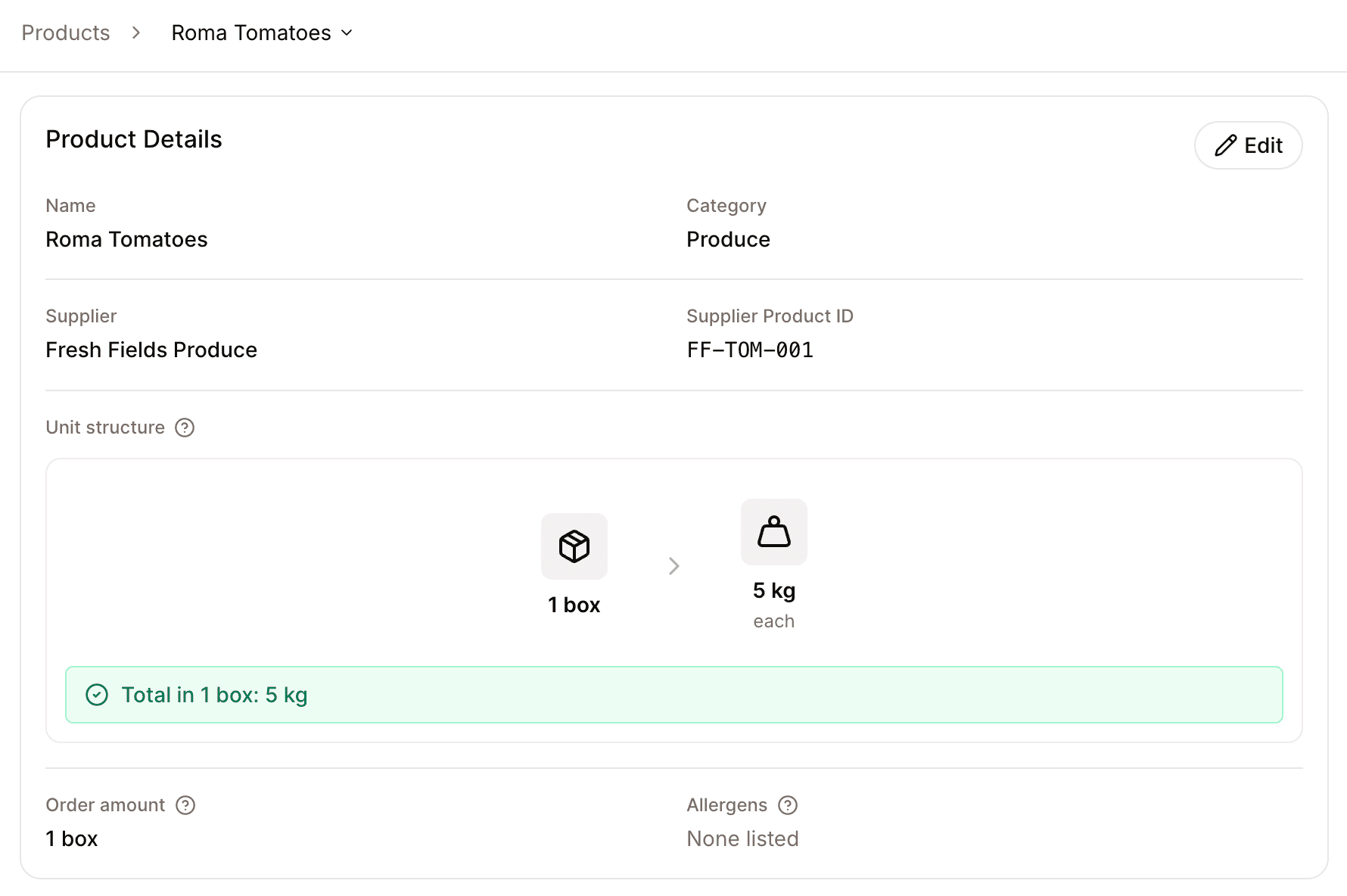 Product details page showing a Roma Tomatoes product with a one box to five kilogram unit structure