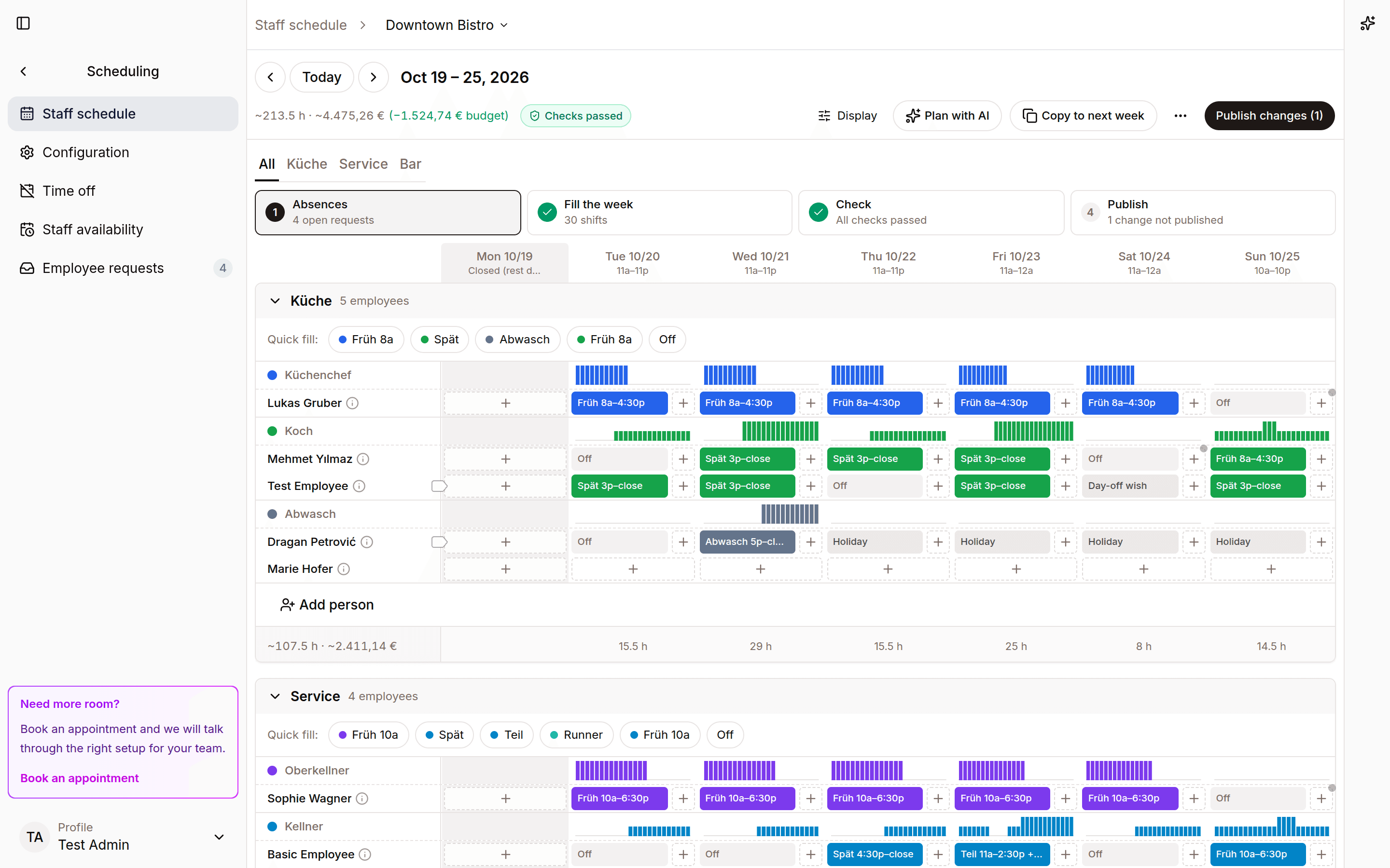 Weekly schedule grid with shifts by role and employee