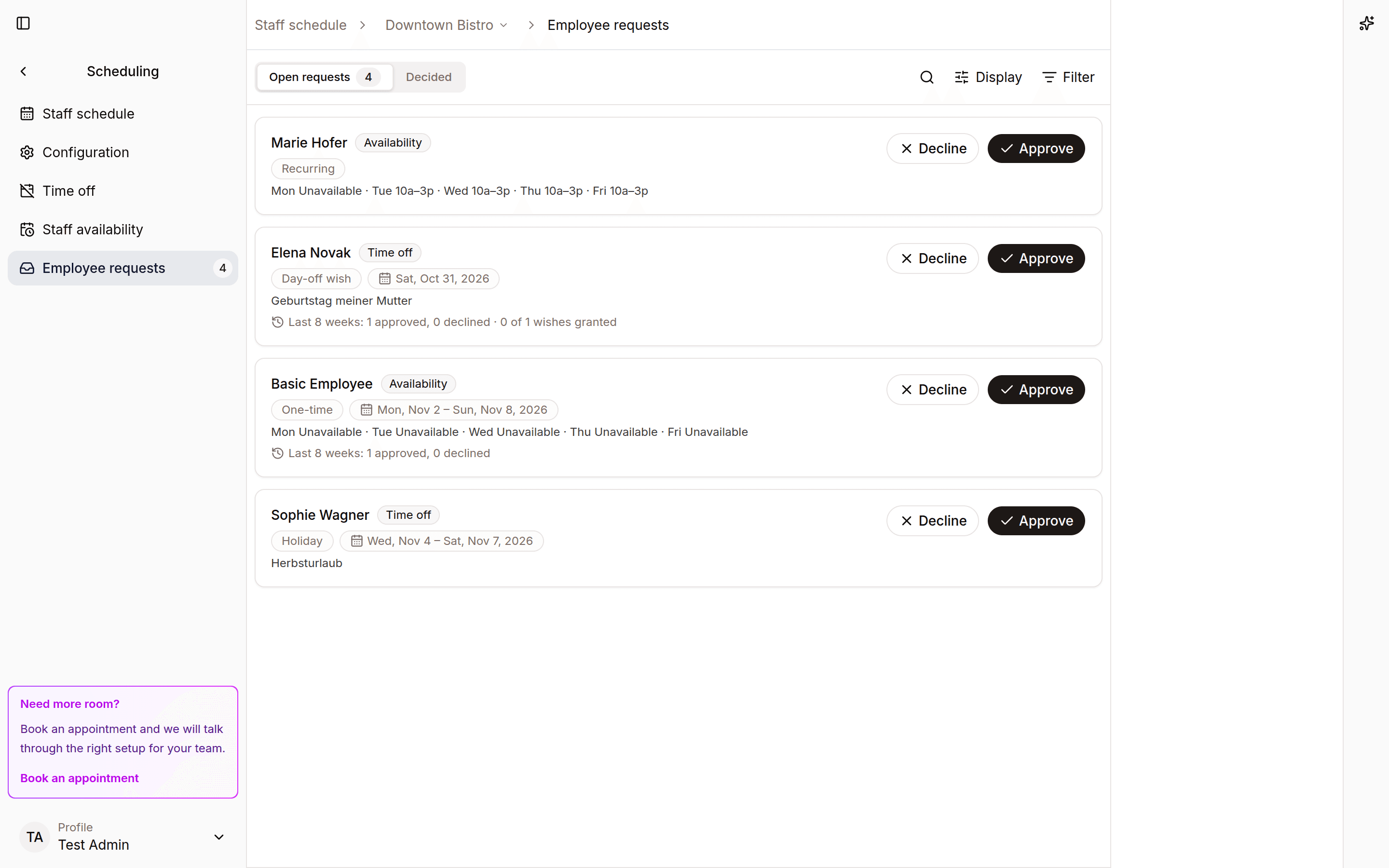 Scheduling requests view with time off requests