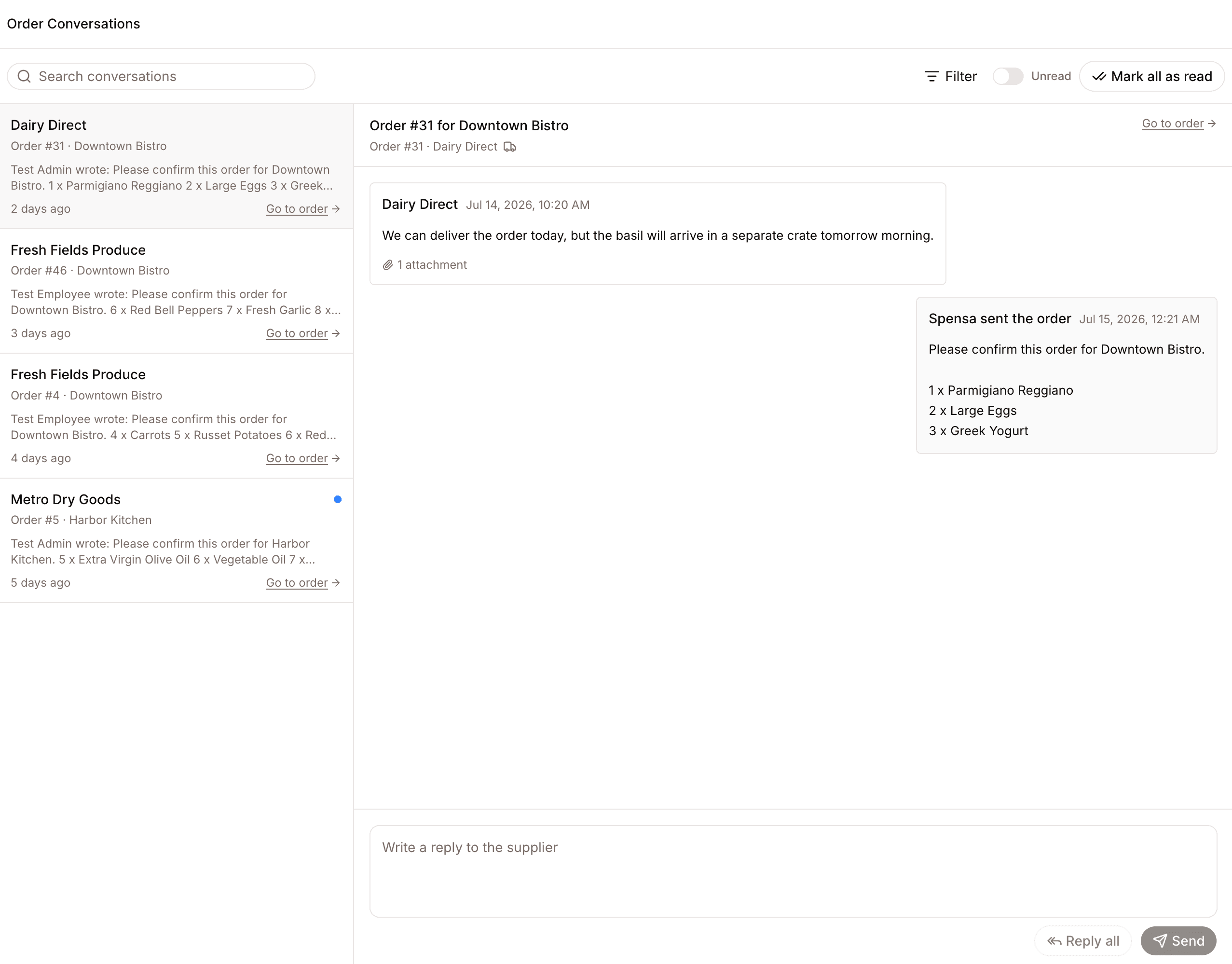 Order conversations inbox with supplier messages, order links, unread filtering, and reply composer