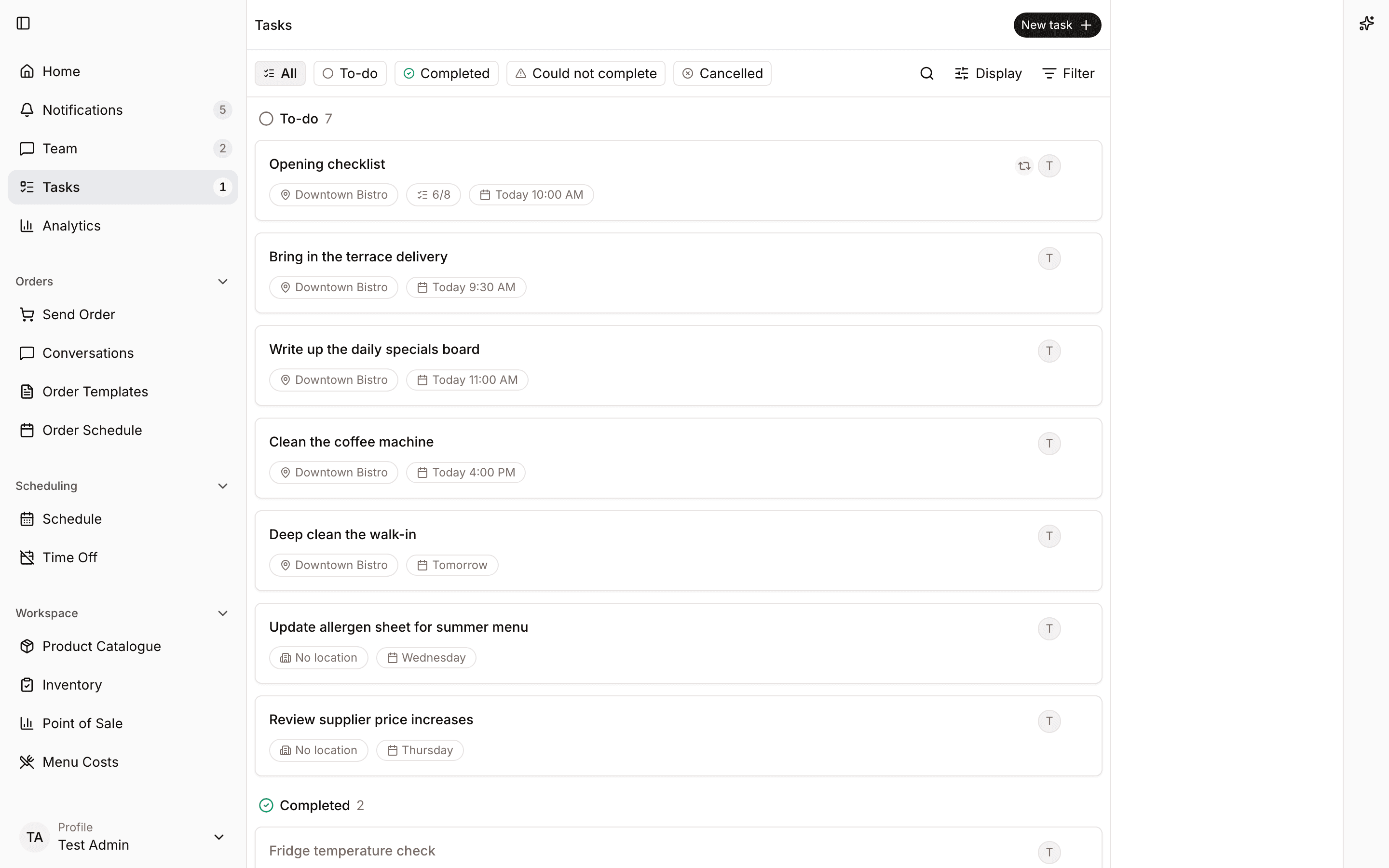 Task board with restaurant operational follow-up