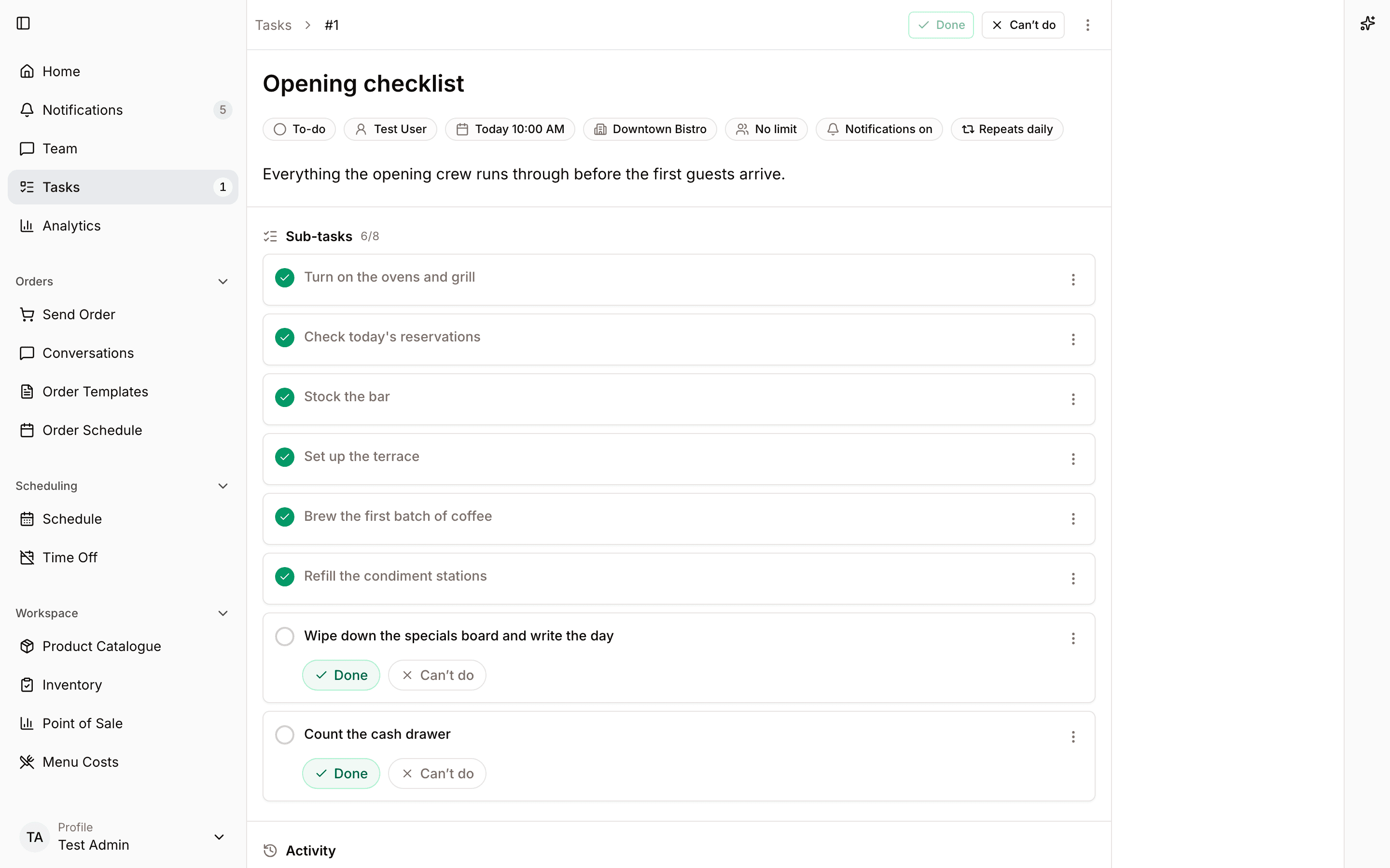 Task detail view with assignee, comments, and status