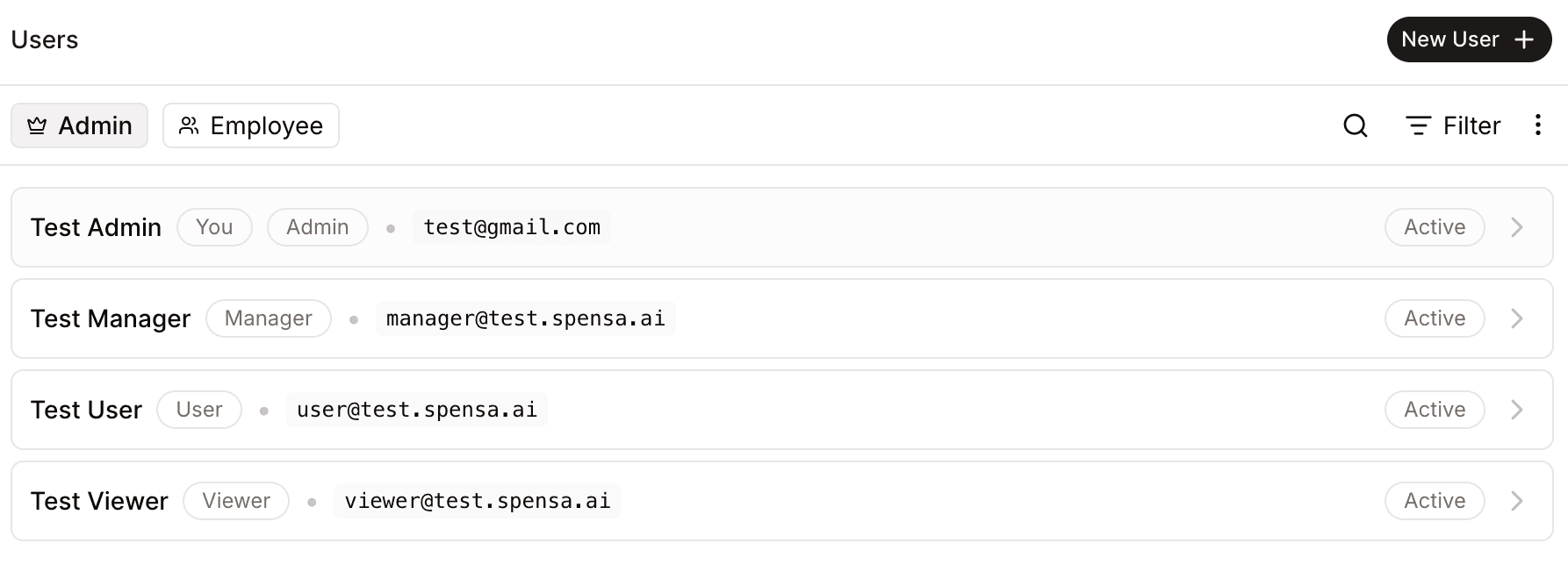 Users page with Admin and Employee tabs, team member rows, role badges, filters, search, and New User action